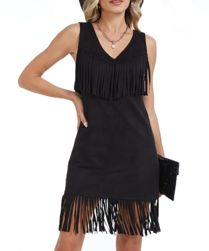 J.Corrine Western Style Faux Suede Fringe Dress Sleeveless V-Neck Bodycon Design with Tassels Hem Brown Black Cowgirl Outfit