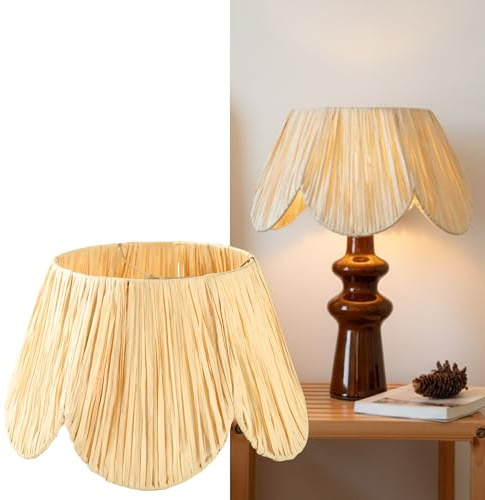 CHI AN HOME Raffia Lamp Shade for Table Lamps, Scalloped Wicker Small Lampshade for Living Room, Bedroom, or Desk Lamp, Boho Spider Pleated Lamp Shade (8.3”T x 13”B x 7.5”H) (Base & Bulb NOT included)