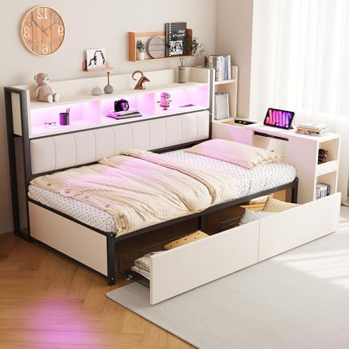 Oslghy Einzelbett Sofabett 90x200 mit LED und Steckdosen, Schlafsofa Daybed mit Großen Schubladen und Ausziehbaren Schreibtisch, Stauraumbett mit Stauraum und Eisen Lattenrost, ohne Matratzemit (Weiß)