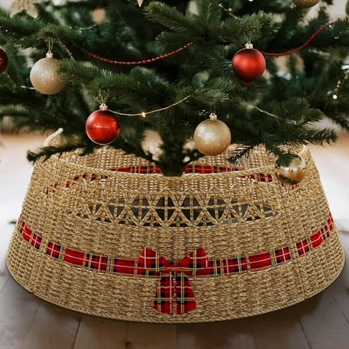 Huracan Abdeckung Christbaumständer aus Rattan Ø 61cm, 4-teilig Weihnachtsbaum Rock, Naturfarbe Handgefertigt Tannenbaum Korb, Abdeckung für Christbaumständer 45,5×25cm, Baumkorb für Weihnachtsdeko