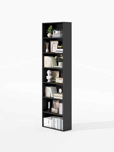 Garvishk Garvis Standregal 7 Ebenen | 60 cm breit, 210 cm hoch | Offenes Bücherregal Weiß Schwarz Eiche | Büroregal Wohnzimmer (Schwarz)