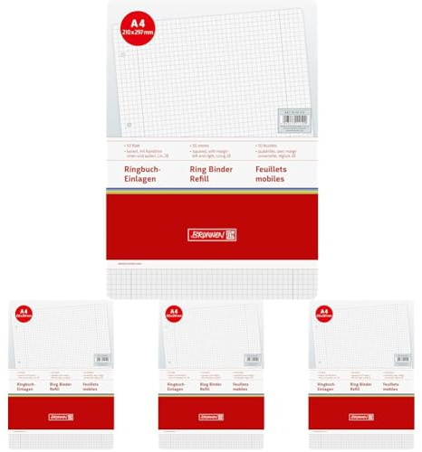 Brunnen 1066928 Ringbucheinlagen A4 (kariert, mit Randlinien, Lineatur 28, 50 Blatt, 70 g/m²), weiß (Packung mit 4)