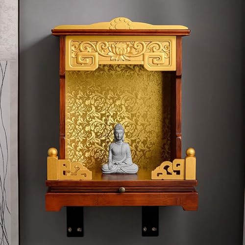 RTTZBOZ Wandmontiertes Altarregal, Buddhistischer Altar aus Holz mit Schublade, Buddha Pooja Tisch für Räucheropfer, Gebet und Meditation(37cm/15in)