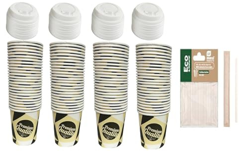 ARBUTUS 96 Vasos con tapa desechables de cartón para café de 120cc,200cc,250cc, incluido 100 paletinas de madera 14cm. (48, 250ml)