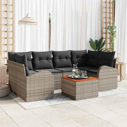 Hoopleep Garten-Sofa-Set 7-teilig Grau, Modulares Loungesofa mit Akazienholz Tisch, Wetterfestes Poly-Rattan für Terrasse, Outdoor und Balkon, Inklusive Stauraum