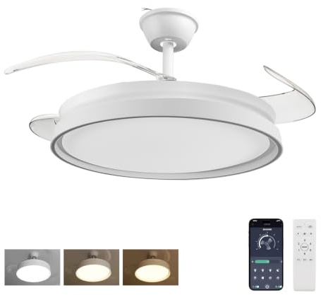 EXTRASTAR Ventilatore a soffitto con LED 42 cm, Bluetooth e telecomando, 6 velocità, pale pieghevoli, 3 temperature di colore, motore invernale/estate reversibile, minuteria, per salone e camera