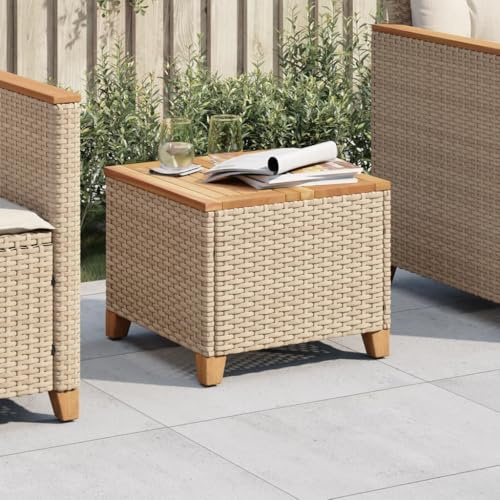 Kaloriko Trädgårdsbord beige av poly rotting och akaciaträ 45 x 37 cm stabilt väderbeständigt för terrass balkong utomhus camping picknick loungebord sidobord