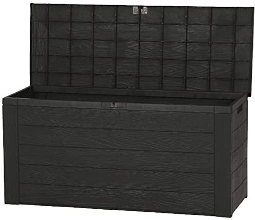 Spetebo Garten KIssenbox für Auflagen in Holz Optik - ca. 120 x 58 x 48 cm - Kunststoff Auflagenbox mit Deckel 300 Liter anthrazit/braun - Garten Truhe Box