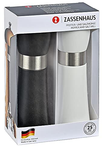 Zassenhaus HAMBURG Juego de molinillos de madera de haya | set de regalo | negro y blanco | con mecanismo de cerámica regulable sin niveles | molinillos de especias rellenos | Ø 5,5 - Altura: 18 cm