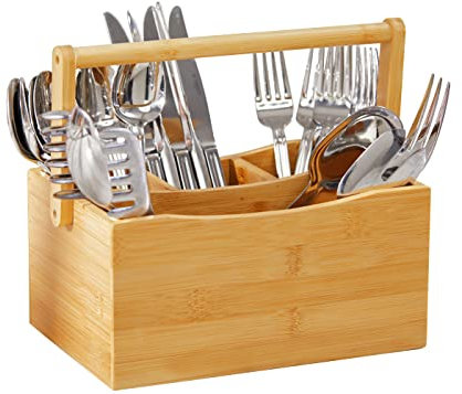 RoyalHouse Natural Bamboo Utensil Holder And Organizer For Kitchen Countertop, Bamboo Picnic Basket With Folding Handle for Camping Trip
