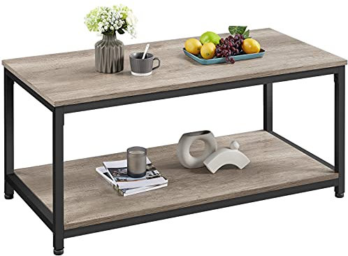 Yaheetech Couchtisch Holz Wohnzimmertisch mit Ablagen Stahlgestell Sofatisch Kaffeetisch Industrie-Design, 100 × 50 × 45 cm Grau