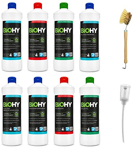 BiOHY Reinigungsmittel Komplett Set mit Dosierer und Spülbürste (8 x 1 L) | Bad-, Fenster- und Bodenreiniger |kraftvoll & effizient | nachhaltige Bio Reiniger