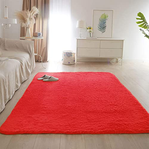 CHBIN Shaggy 60x200cm Teppich Wohnzimmer Wohnzimmer Teppich Home Teppich Longhair Einfach zu Säubern für Bettvorleger Sofa Matte Oder Schlafzimmmer Deko Usw, Rot