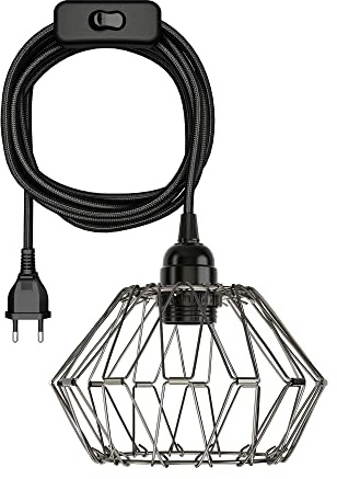 ledscom.de Käfig-Leuchte faltbar, LEKA mit Textilkabel, schwarz, Stecker, Schalter und E27 Fassung, 3 m