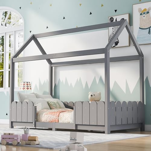 HESHU Kinderbett Hausbett 90x200 cm, Jugendbett mit Dach, Bett für Jungen und Mädchen, mit Rausfallschutz und Lattenrost, ohne Matratze, Grau