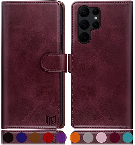 SUANPOT [RFID Schutz für Samsung Galaxy S23 Ultra Hülle PU Leder Handyhülle Lederhülle Klapphülle Kartenfach Flip Cover für Samsung S23 Ultra Handy hülle Leather Wallet Phone Case Rotwein