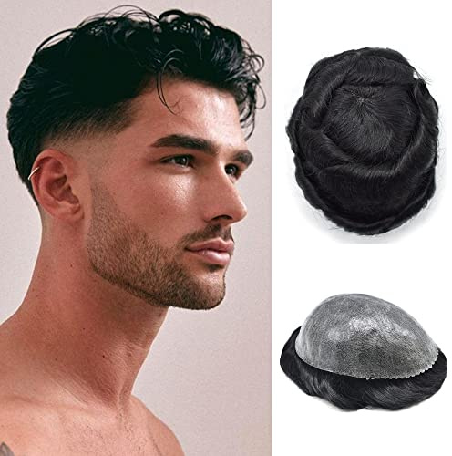 Hair Wonders Men's Toupee Real Human Hair Piece Poly Toupee For Men Human Hair Replacement System Man Hairpieces For Hairloss Protesis Capilar Para Hombre 8X10#1 Jet Black