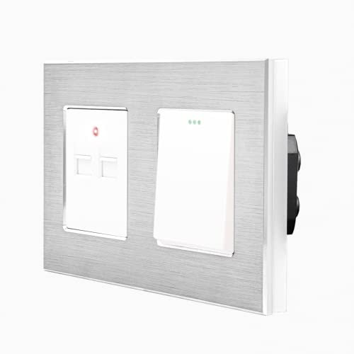 Luxus-Time Wipp 1-Fach Lichtschalter Wechsel Ein/Aus + USB Steckdose inkls. Design Aluminium Rahmen 2 Fach Einbau Kippschalter mit USB-Dose für die Unterputzdose in weiß Silber