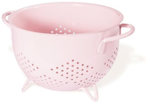 Metal Colander 5 Quart Powder Coated Self-draining Metal Strainer with Base,Kitchen Pasta Fruit Vegetable Basket with Double Handles (Pink)