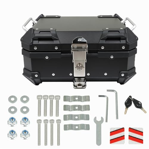 labwork 22L Motorcycle Top Case Tail Box with Backrest and Mounting Plate Hard Aluminum Alloy Watertightness Security Lock Against Theft Black Metal