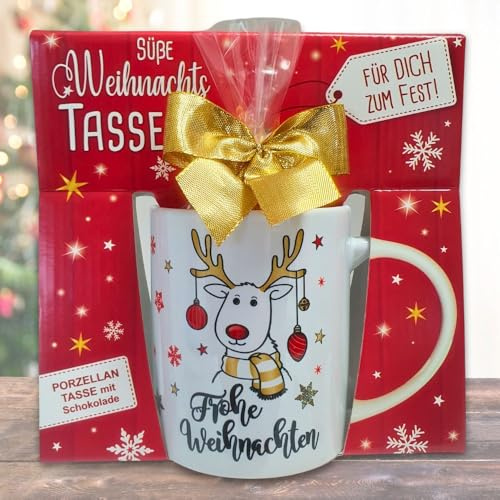 Süße Weihnachtstasse - Rentier - Kaffeetasse Tasse und Schokolade mit Geschenkverpackung zu Weihnachten | Beidseitig Gold Bunt bedruckt