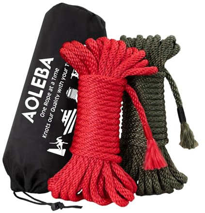 AOLEBA Skin Friendly 8mm Soft Silk Rope, Rope for Knot Tying Practice Beginners, Multiple Strands Braided Polypropylene, 2 Sets 32 Ft Ropes with Storage Dust Bag (Red and Green)