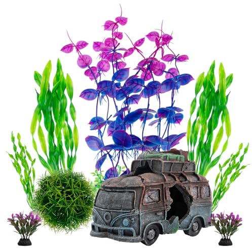 BEGONDIS Unterwasser-Autowrack mit 8 Stück Kunststoff Pflanze Set Künstliche Polyresin Aquarium Ornament Aquatische Modell Dekoration Fisch Tank Marine Decor Ornamente