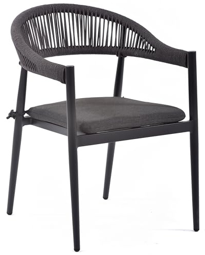 BrackenStyle Rope Weave Stacking Arm Chair with Cushion - Stylish, Durable & Lightweight Outdoor Commercial Patio Seat (Charcoal)