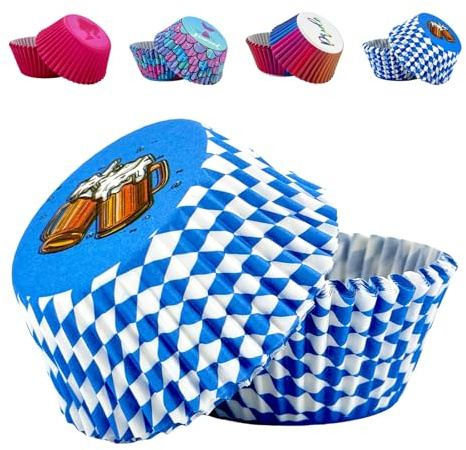 MORAINJAY 100 stycken muffinsformar i papper, standardstorlek, oktoberfest, blå, vit, pappersbakformar, bakformar, muffin, cupcake-formar, fodral, liners omslag, formar för bayersk, oktoberfest