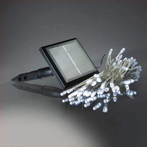 hellum Solar Lichterkette außen, 50 LED Lichterkette außen, 4,9 m mit Timer und wahlweise Blinkeffekt outdoor kaltweiß, Kabel transparent 151206
