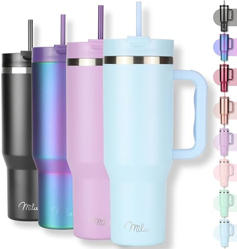 Milu Termico con Asa y Pajita 1200ml, Botella de Agua Acero Inoxidable Aislado, Taza térmica, Vaso de viaje para café helado, 24h helado / 12h caliente - 40oz (Morning Blue, 1200ml)