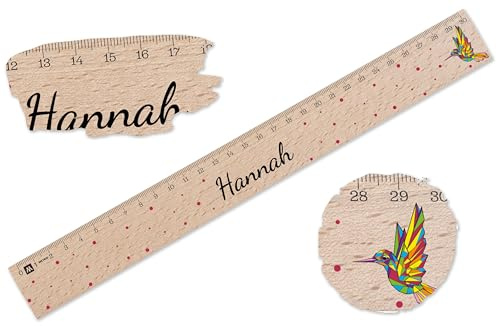 Holz Lineal 30cm - Vogel - Kolibri Holzlineal 30 | Individuell mit Namen zur Einschulung | Geschenkidee für den Schulbeginn - 30 cm - Holz