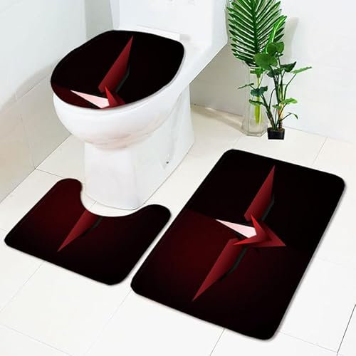 Bad Teppiche Set Schwarz Rot Abstract Badezimmerteppich Waschbar WC Vorleger mit Ausschnitt und WC Deckelbezug 3 Teilig Badematte rutschfest Toilettensitzbezug Badgarnitur 50x80 cm