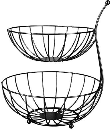 Metal Fruit Basket Fruit Etagere Fruit Bowl Fruit Basket 2 Tier with Banana Holder for Vegetables Fruit Snacks Bread Display Stand Kitchen Decoration-Schwarz Baskets(Schwarz)