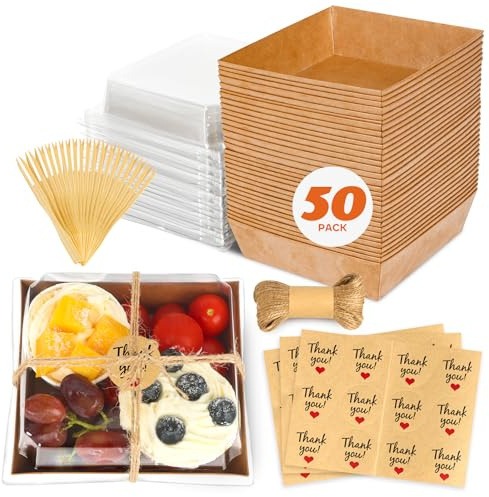 LNDIEHS 50Pcs Small Kraft Charcuterie Boxes with Clear Lids - Paper Mini Appetizer Plates for Sandwich, Cookie, Sushi, Cake Slice, and Strawberries