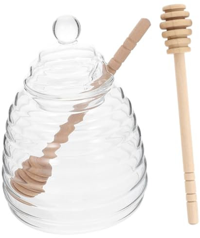 Ciieeo Pot à Miel en Verre avec Couvercle et Bâtonnet en Bois Facile à Utiliser Distributeur de Miel Design Simple et Pratique Maison Café