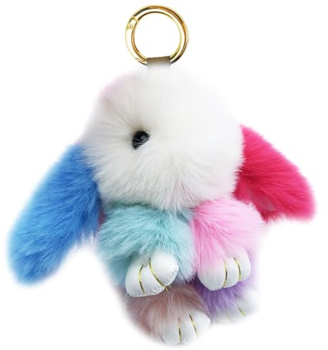 Xsclpomddy Plüsch-Häschen-Schlüsselanhänger Der Regenbogen Pom Poms Taschenanhänger Handtasche Autoschlüssel Plüsch-Pom Pom Dekoration