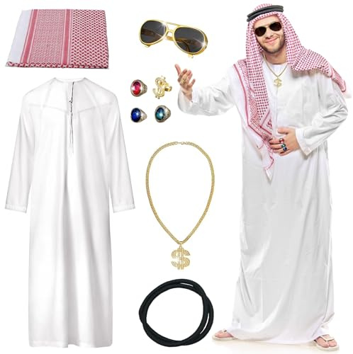 Pardofelis Scheich Kostüm Herren, Araber Kostüm, Arabisches Weißes Gewand mit Kopftuch Finger Ring Halsketten Sonnenbrillen, Karneval Scheich Kostüm Set für Fasching Party Cosplay (M)