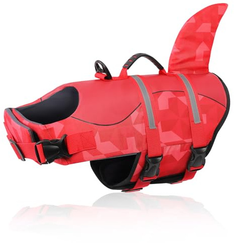 CITÉTOILE flytväst hund haj, lätt och säker för vattensport, hundflytväst med handtag och reflekterande för små medelstora och stora hundar, triangulärt mönster, röd, XS