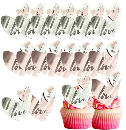 Cupcake-Topper zum Valentinstag, Acryl, Herz-Kuchenaufsatz, Spiegel, graviert, I Love You, personalisierter Buchstabe für Valentinstag, Hochzeit, Muttertag, Kuchendekorationen, Zubehör, 16 Stück