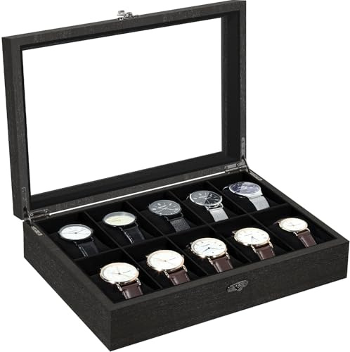 Uten Caja de Relojes con 10 Compartimentos, Caja para Reloje Madera, Tapa de Vidrio y Almohada Algodón Seda, Forro Negro, para Exhibición y Almacenamiento de Relojes Joyería, Regalo Ideal