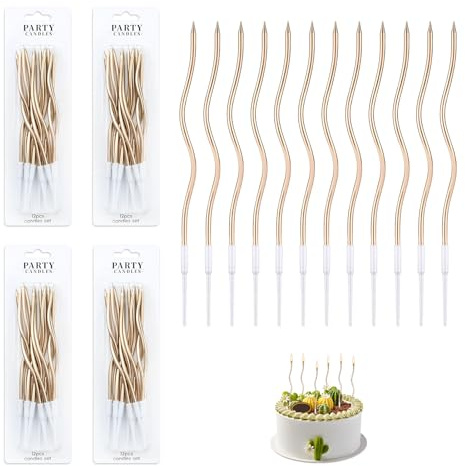 48 Candele Compleanno Champagne, Candele Torta, Candela a Spirale Cupcake Candeline Lunghe Supporto Rimovibile con Superficie Metallica, Senza Fumo, Particolari per Compleanno Festa Matrimonio
