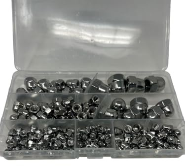 165 teiliges Set aus Hutmuttern hohe Form nach DIN 1587 rostfreier Edelstahl A2 V2A Sechskant-Hutmuttern Größen M3-M12 (165 Teile)