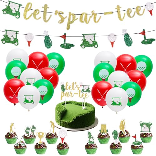 lasuroa Golf Party Decorations Set, Pre-Strung Let's Par-Tee Banner Cake & Cupcake Toppers Balloons Golf Birthday Decorations for Holiday Baby Shower Retirement Sport-Themed Party Decor