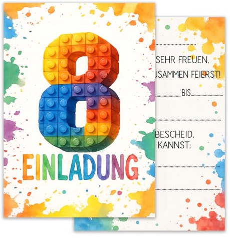 ZELAITE 12 Stück 8. Geburtstag Bausteine Einladungskarten, Baustein Einladungen Kindergeburtstag Mädchen und Junge, Blocks Einladungskarten inkl. 12 Briefumschlägen, Einladungskarten Kids (8)