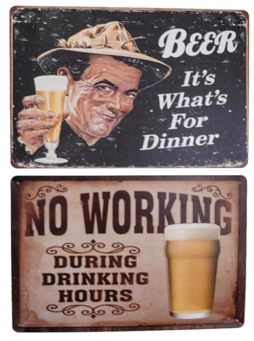 Retro Metal Bar Signs – Set of 2 Vintage Tin Wall Decor for Man Cave, Home Bar, or Garage – Beer-Themed Plaques, 20x30cm – Great Gift Idea
