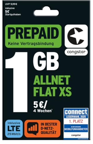 congstar Prepaid ALLNET XS SIM-Karte ohne Vertrag I 1 GB Prepaid-Paket | 5 € Startguthaben I In D-Netz Qualität I 5G mit 25 Mbit/s I Telefonie & SMS Flat in alle deutschen Netze I EU-Roaming inkl.