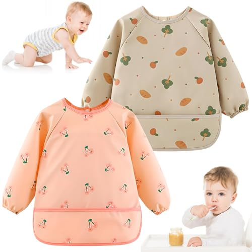 Lätzchen Baby mit Ärmeln, 2 Pcs Lätzchen zum Abstillen mit Langen Ärmeln, PU Wasserdichtes Latz Leicht zu Reinigen mit Tasche, Weiches und Hautfreundliches für Babys Kleinkinder 12-48 Monate