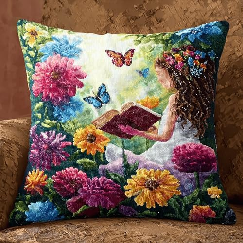 Kit creativo cuscino punto annodato, tessitura e gancio di bloccaggio per principianti, tessuto di cotone per cuscino decorativo 43 x 43 cm, ragazza con fiori
