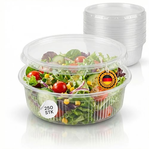250 Stück Runde Feinkostbecher 125 ml Ø101 mm x 32 mm - Kunststoff Verpackungsbecher, Snackbecher, Salatschale aus Polypropylen (PP) - lebensmittelecht, stapelbar, To-Go-Becher - Made in Germany